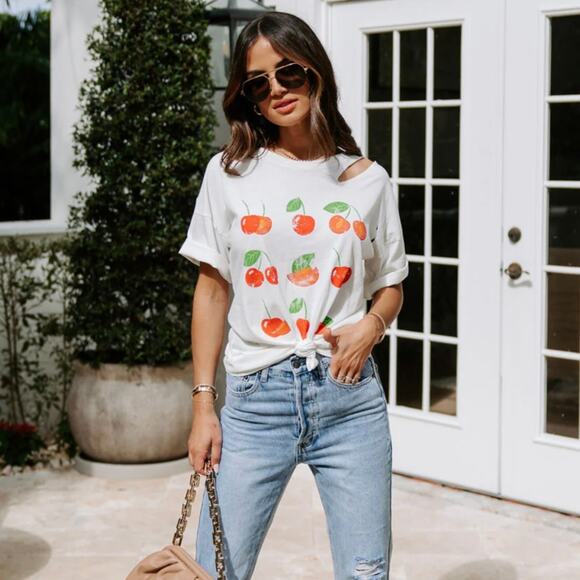 VICI Cherry On Top Shoulder Cut Out Graphic Tee Small S - Picture 1 of 11